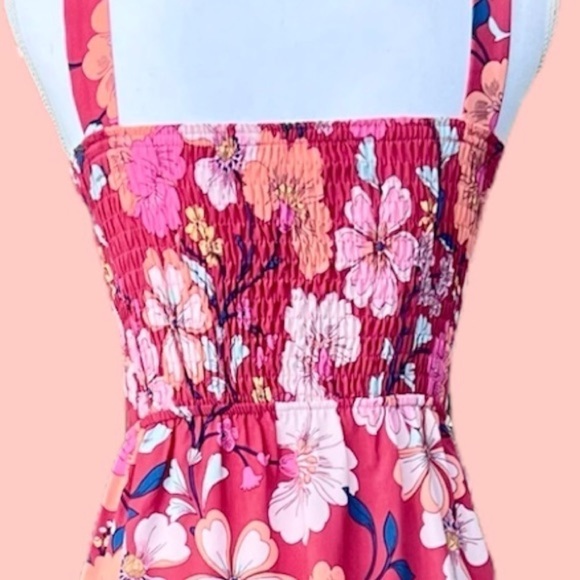 🎁 MONTEAU LA Pink & Red Floral Smocked Maxi Dress Sleeveless Size XS - Picture 5 of 11